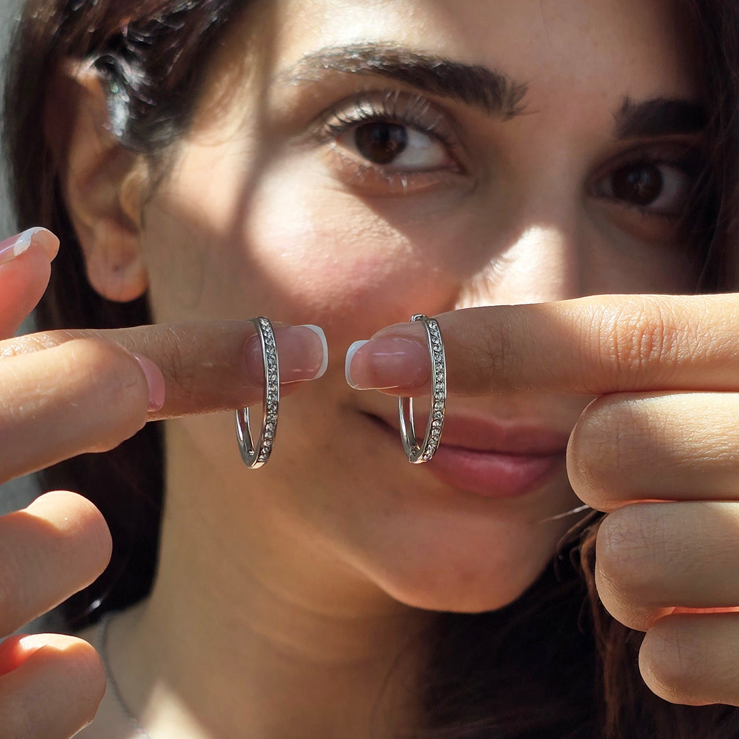 Round Hoop Silver Earrings With Certified Austrian Crystals