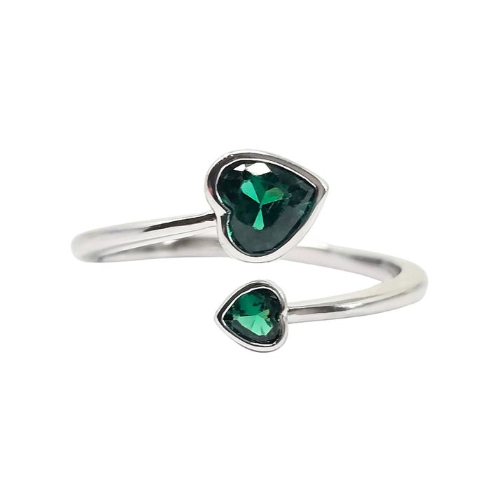 Duo Emerald Heart May Birthstone Adjustable Silver Ring