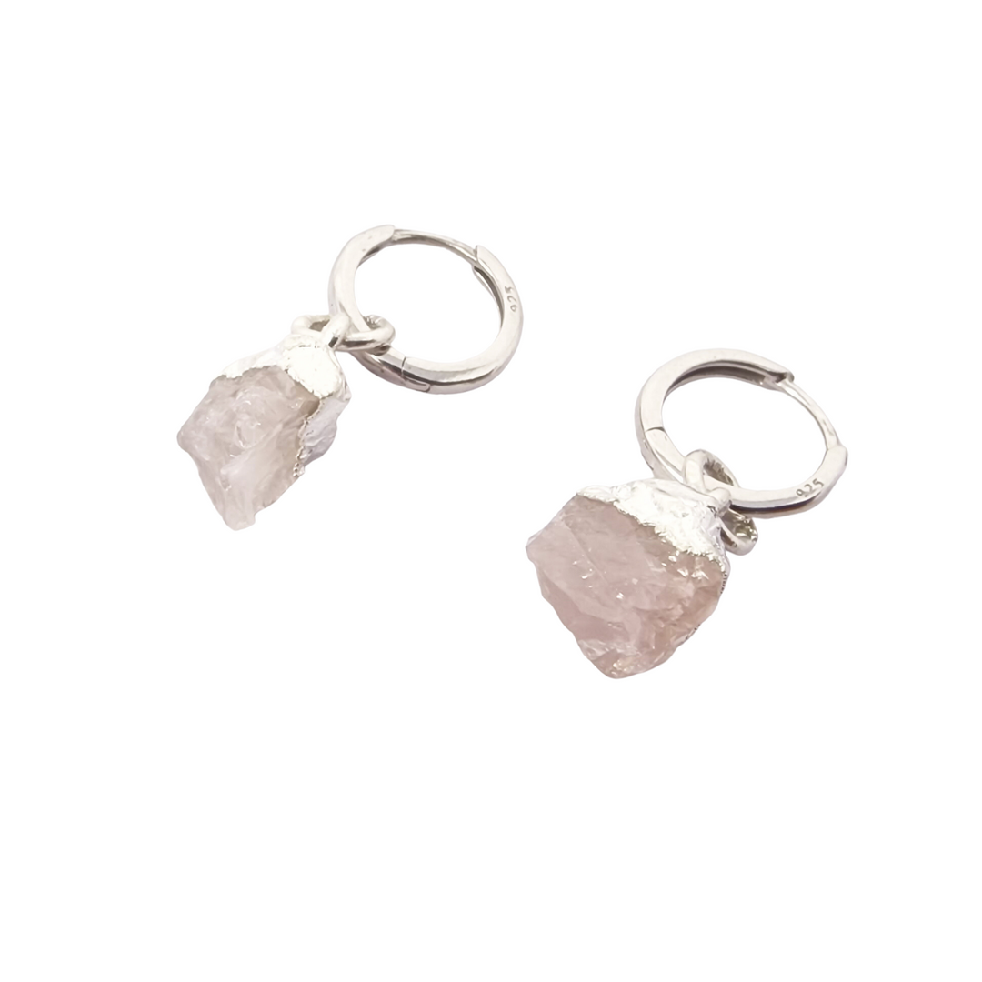 Raw Rose Quartz Sterling Silver Round Huggies