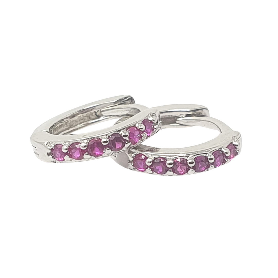 Ruby July Birthstone Small Huggie Hoop Silver Earrings