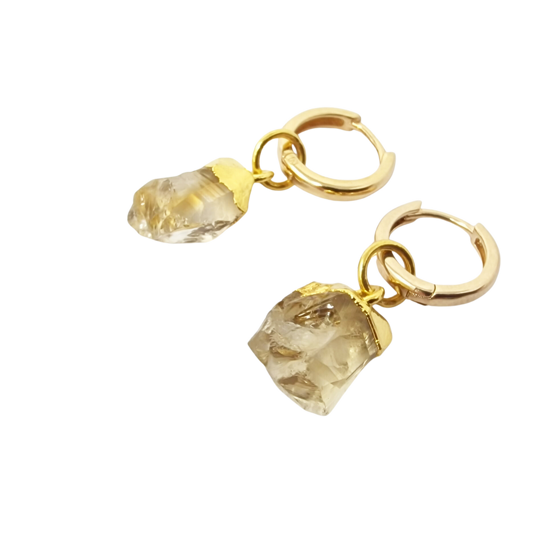 Raw Citrine November Birthstone Gold Plated Huggies