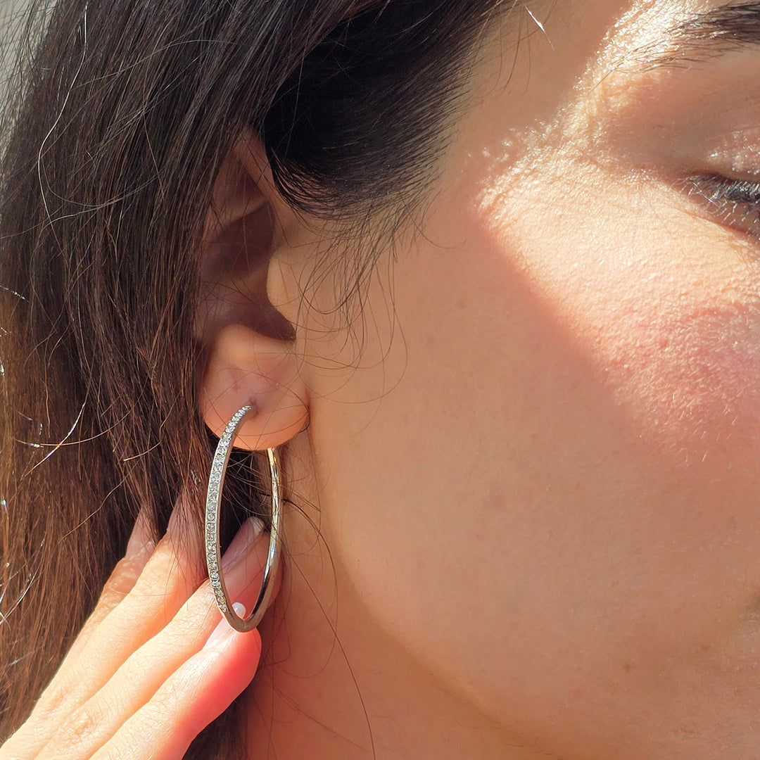 Round Hoop Silver Earrings With Certified Austrian Crystals
