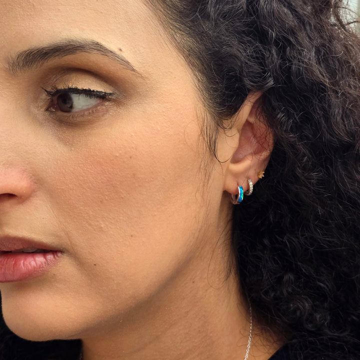 Dainty Blue Fire Opal Inlay Silver Huggie Earrings