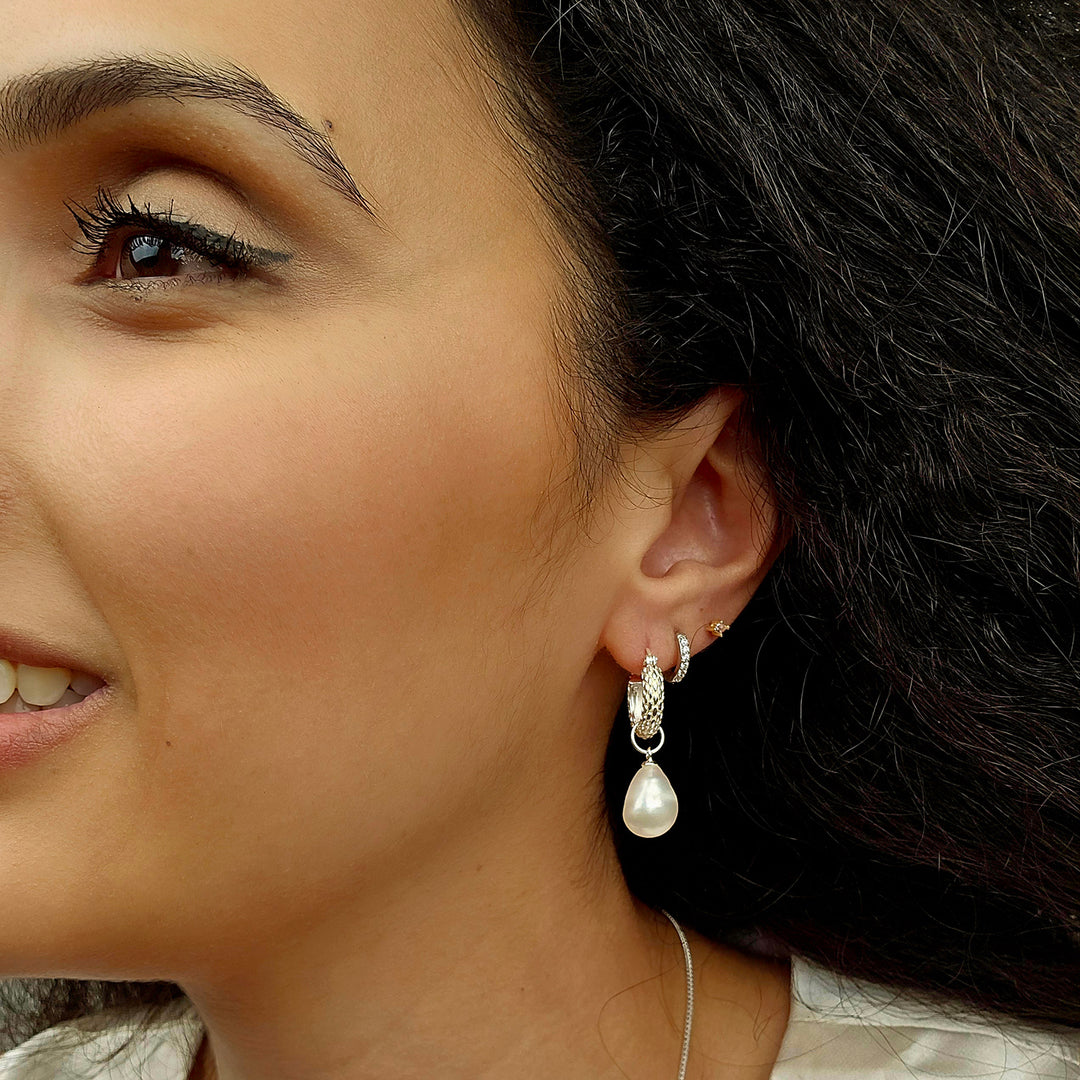 Elegant Sterling Silver Basket Weave Hoop Earrings with Freshwater Pearl Charm