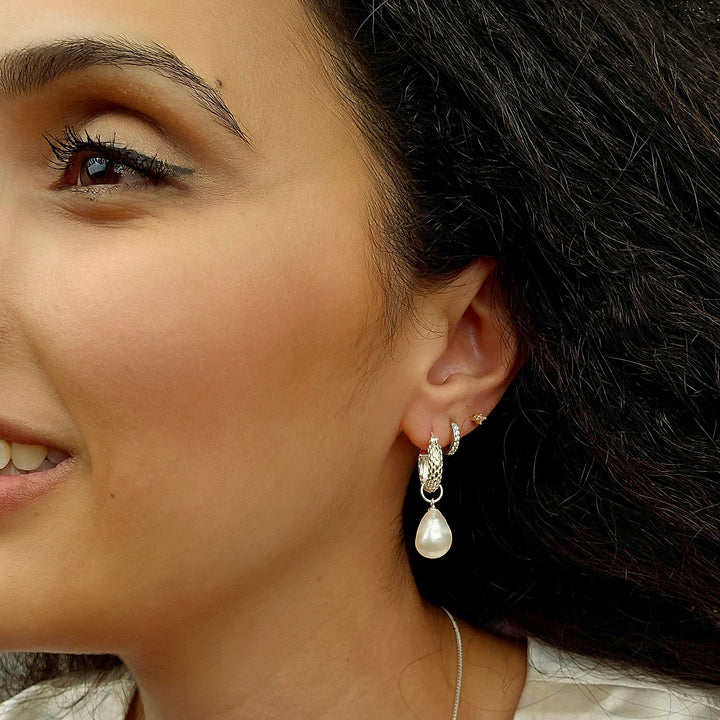 Elegant Sterling Silver Basket Weave Hoop Earrings with Freshwater Pearl Charm
