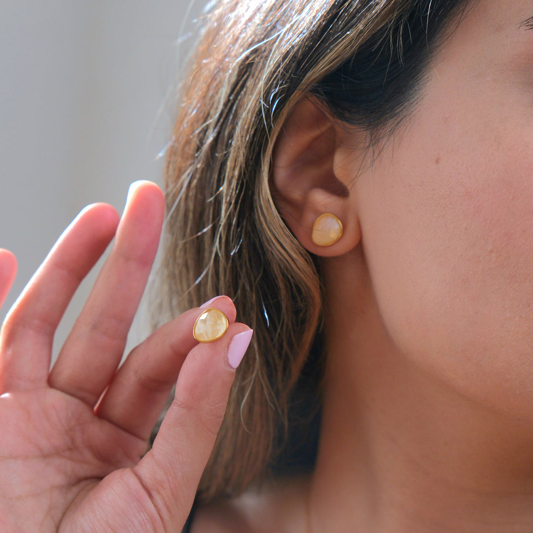 Fiery Moonstone Pear Shaped Stud Gold Plated Earrings