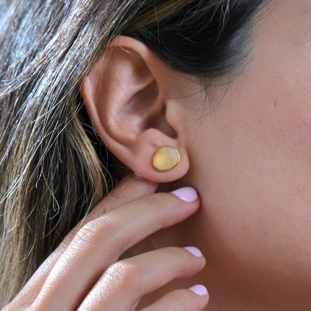 Fiery Moonstone Pear Shaped Stud Gold Plated Earrings