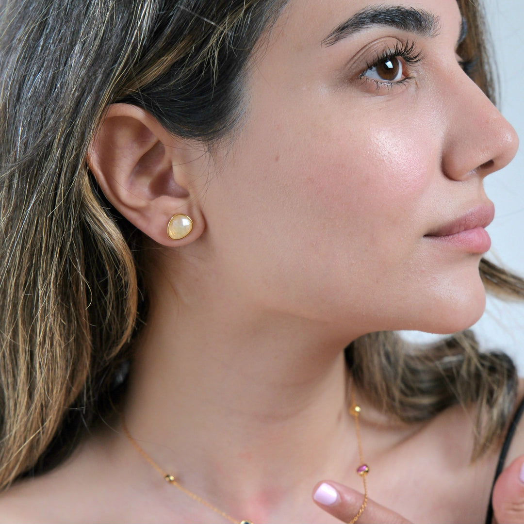 Fiery Moonstone Pear Shaped Stud Gold Plated Earrings