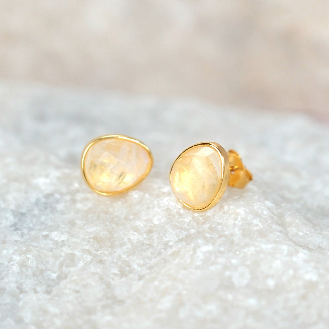 Fiery Moonstone Pear Shaped Stud Gold Plated Earrings