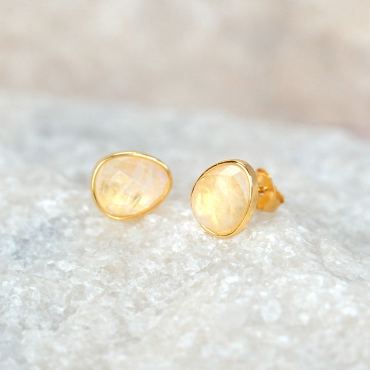 Fiery Moonstone Pear Shaped Stud Gold Plated Earrings