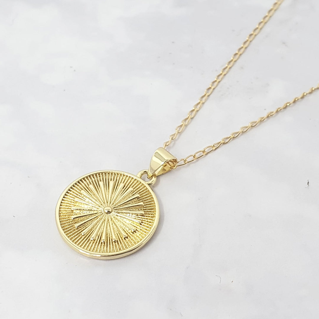 Gold Plated Round Coin Medallion Sun Charm Necklace
