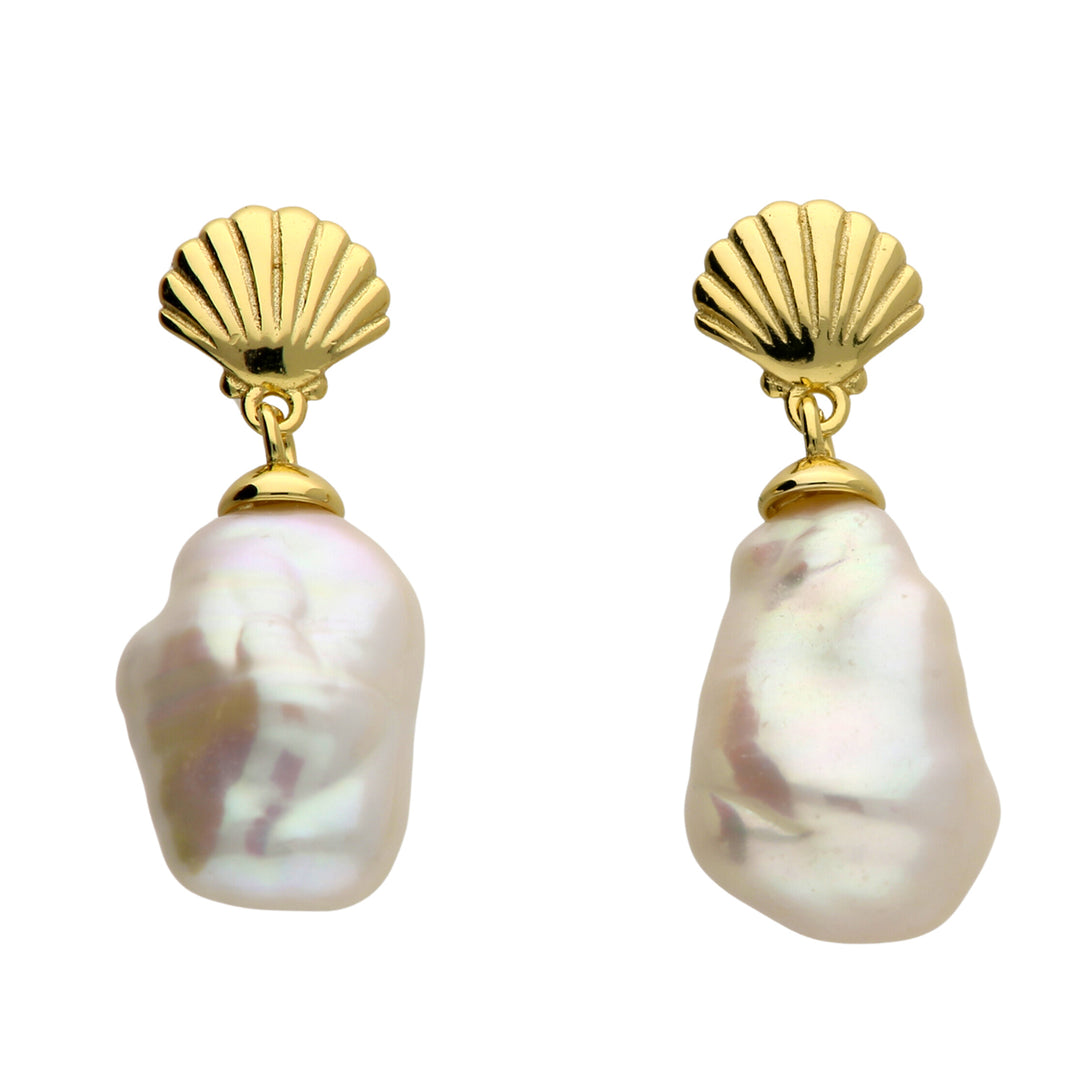 Gold Plated Shell Stud With Natural Keshi Pearl Drop Modern Earrings