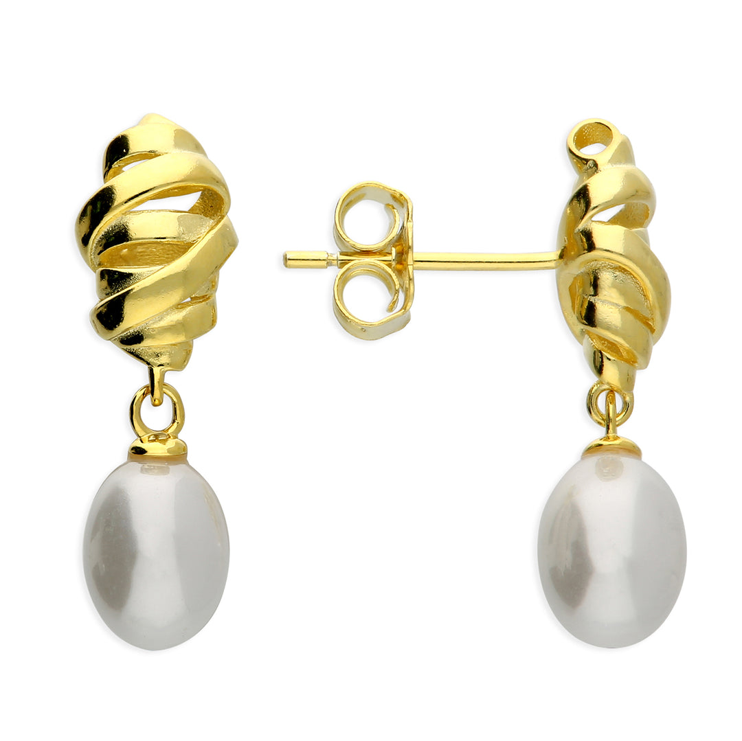 Gold plated minimalist twisted synthetic pearl stud earrings