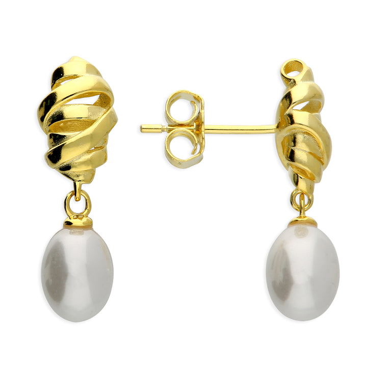 Gold plated minimalist twisted synthetic pearl stud earrings