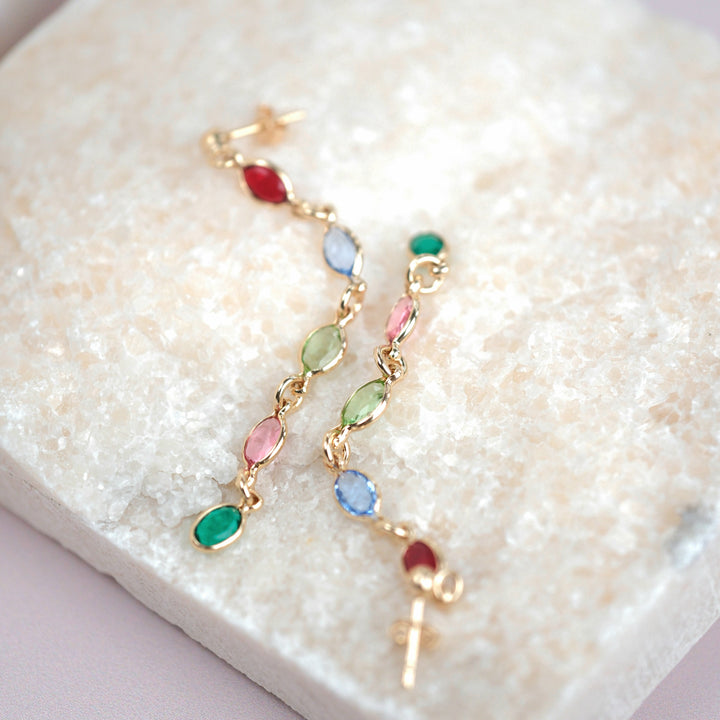 Dangle Multi Gemstone Crystal Drop Gold Plated Earrings