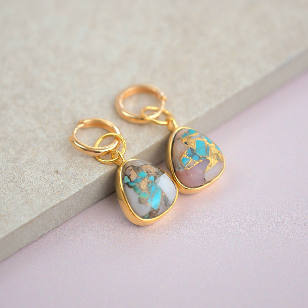 Opal Turquoise Gemstone Gold Vermeil Hoop Earrings