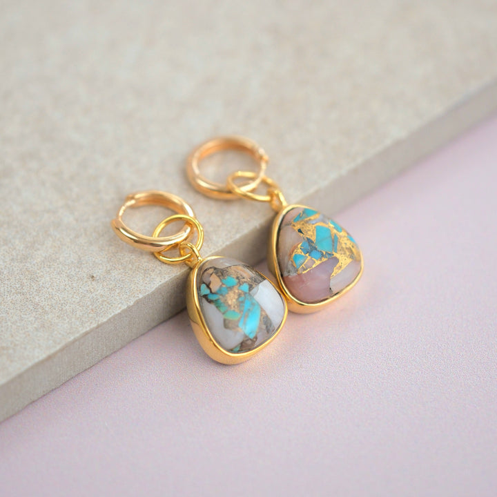 Opal Turquoise Gemstone Gold Vermeil Hoop Earrings