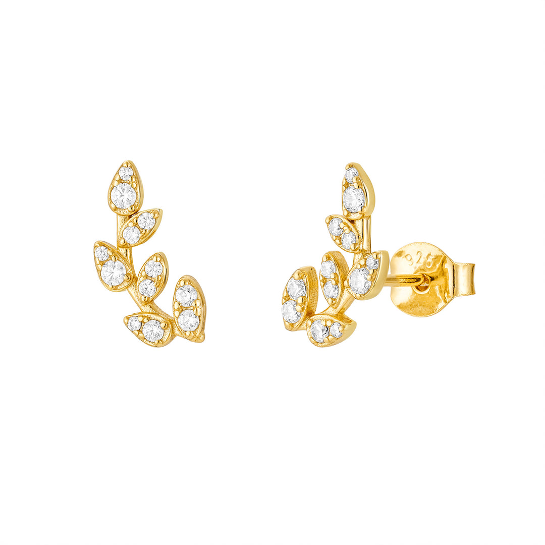 Sparkling Leaf Branch Gold Plated Stud Earrings