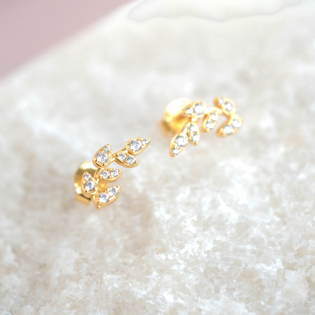 Sparkling Leaf Branch Gold Plated Stud Earrings