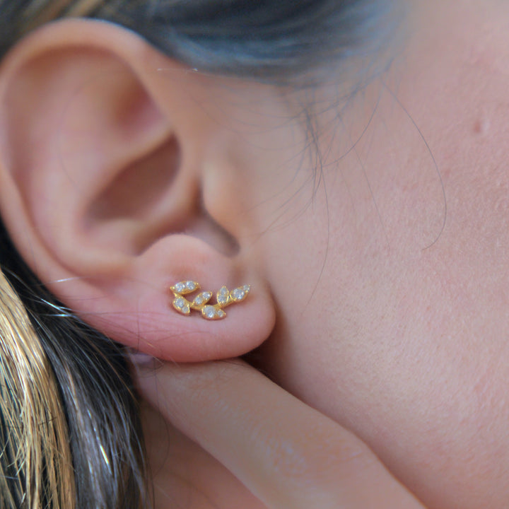 Sparkling Leaf Branch Gold Plated Stud Earrings