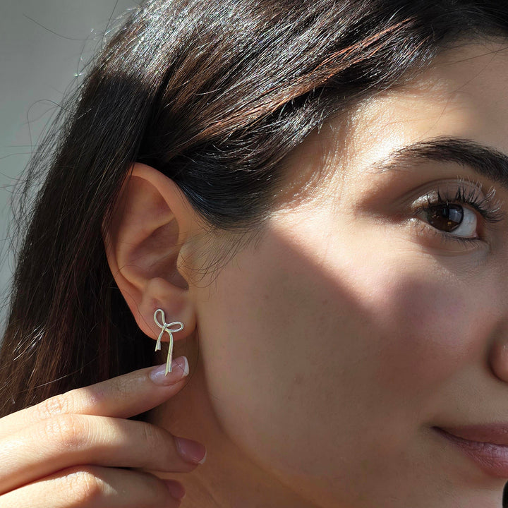 Sterling Silver Bow Tie Tassel Wedding Stud Earrings