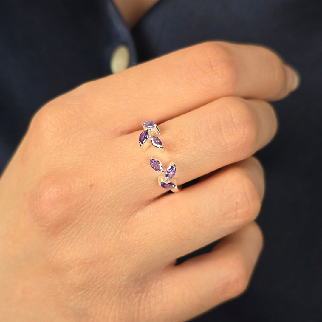 Sterling Silver Open Leaf Ring with Amethyst Gemstones