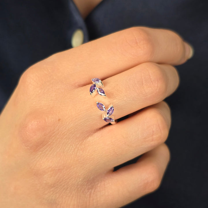 Sterling Silver Open Leaf Ring with Amethyst Gemstones