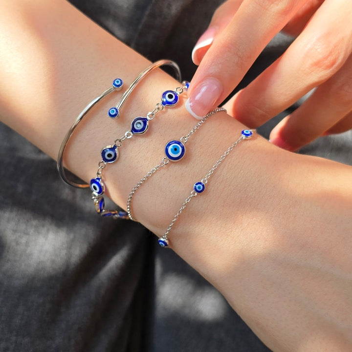 Turkish Blue Evil Eye Silver Charm Friendship Bracelet