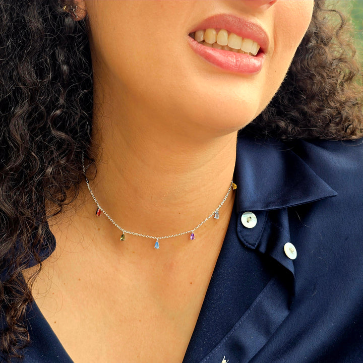Vibrant Multi Colour Gemstone Teardrop Silver Necklace