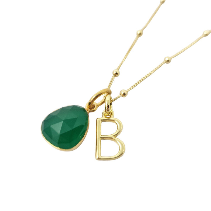 18ct Gold Plated Green Onyx May Birthstone Initial Necklace