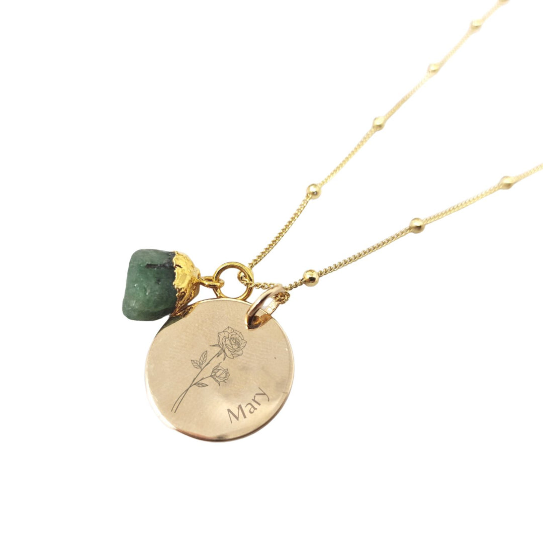 18ct Gold Vermeil Plated Birth Flower, Birthstone And Name Necklace