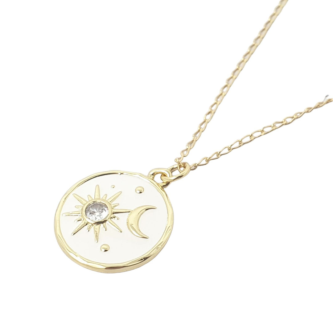 White Enamel Celestial Sun Moon Round Charm Necklace