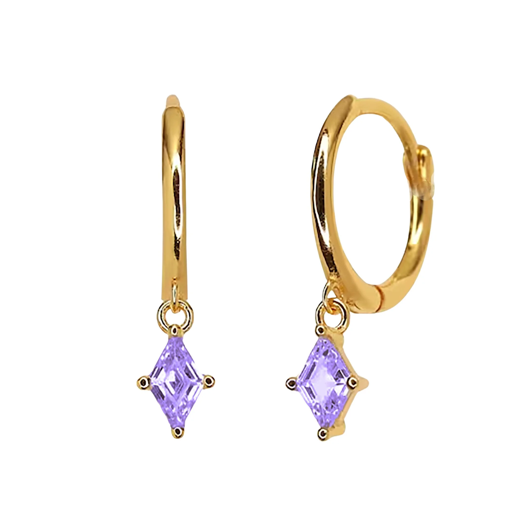 Tiny Amethyst February Birthstone Dangle Rook Hoops