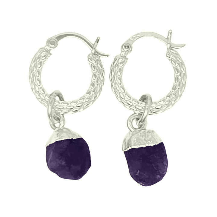 Raw Amethyst February Birthstone Huggie Hoops Sterling Silver Gemstone Earrings