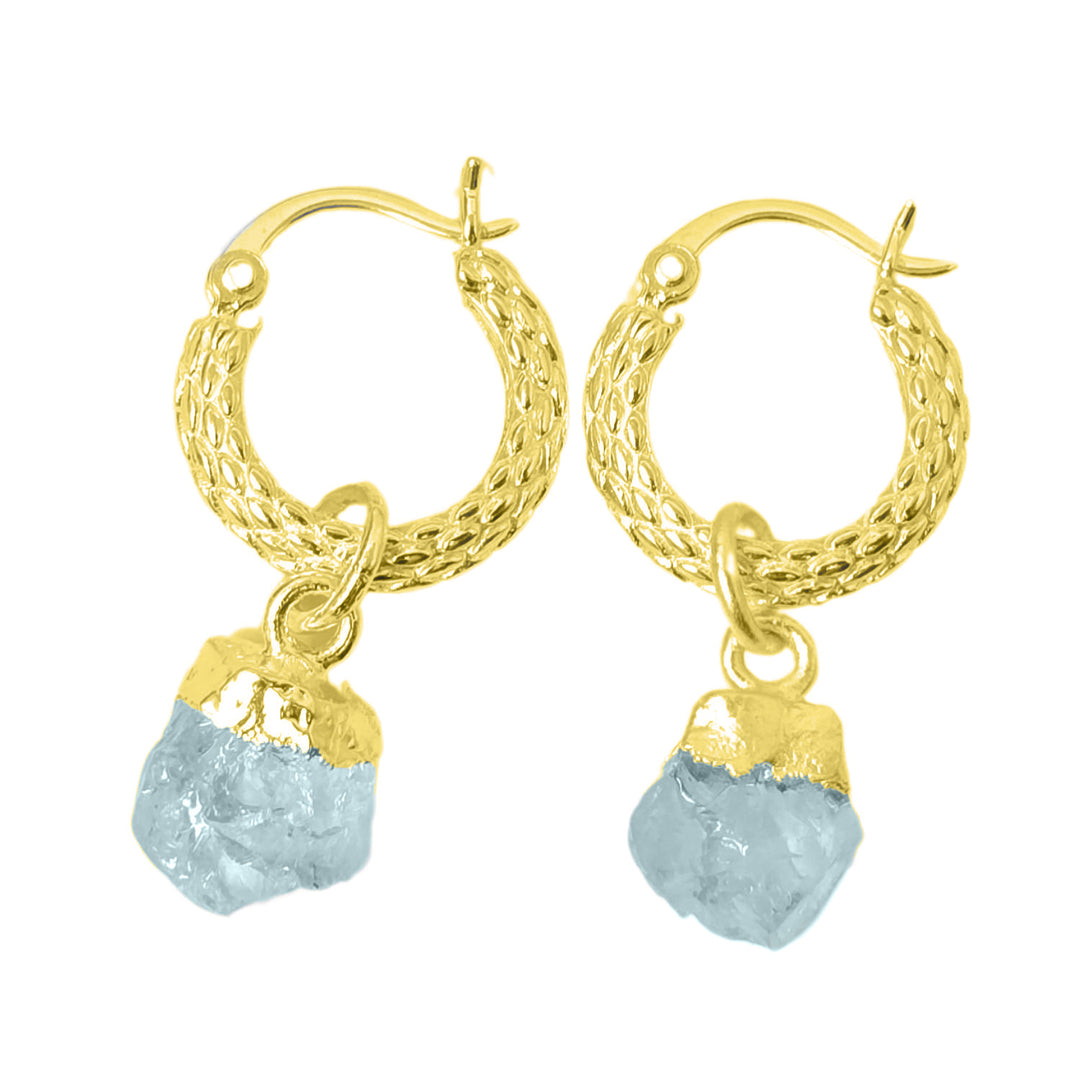 Raw Aquamarine March Birthstone Huggie Hoops Gold Vermeil Plated Gemstone Earrings