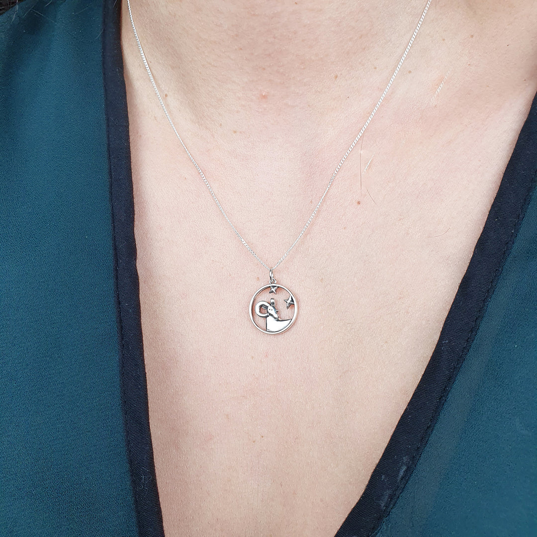Aries Zodiac Horoscope Charm Sterling Silver Necklace