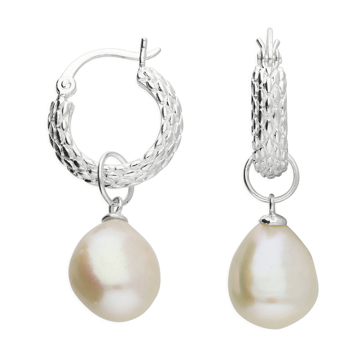 Elegant Sterling Silver Basket Weave Hoop Earrings with Freshwater Pearl Charm