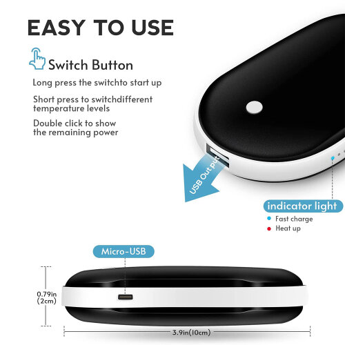 Winter Mini Hand Warmer with 2400mAh USB Rechargeable Power Black
