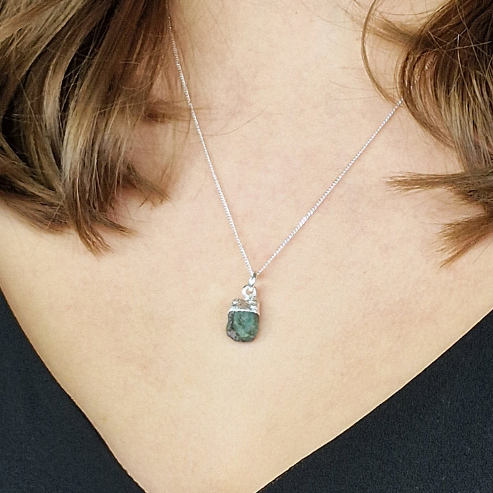 Raw Herkimer Emerald Sterling Silver May Birthstone Necklace