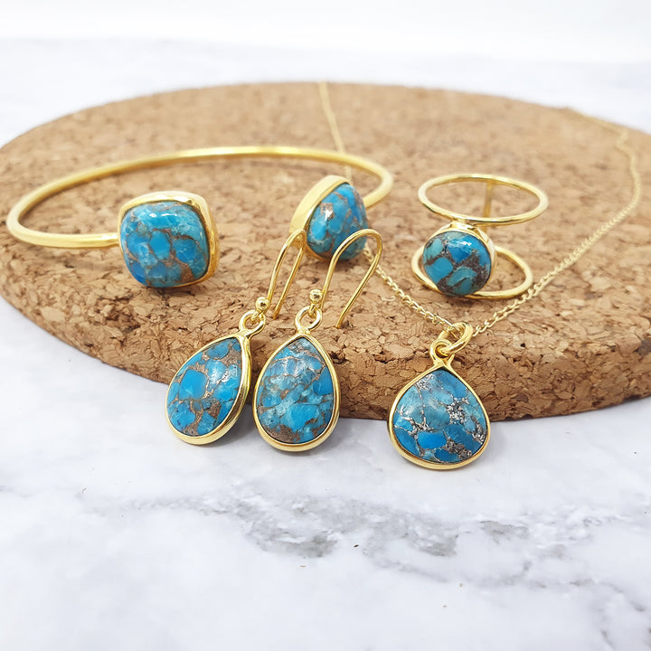 Blue Turquoise Gold Plated Teardrop Hook Earrings