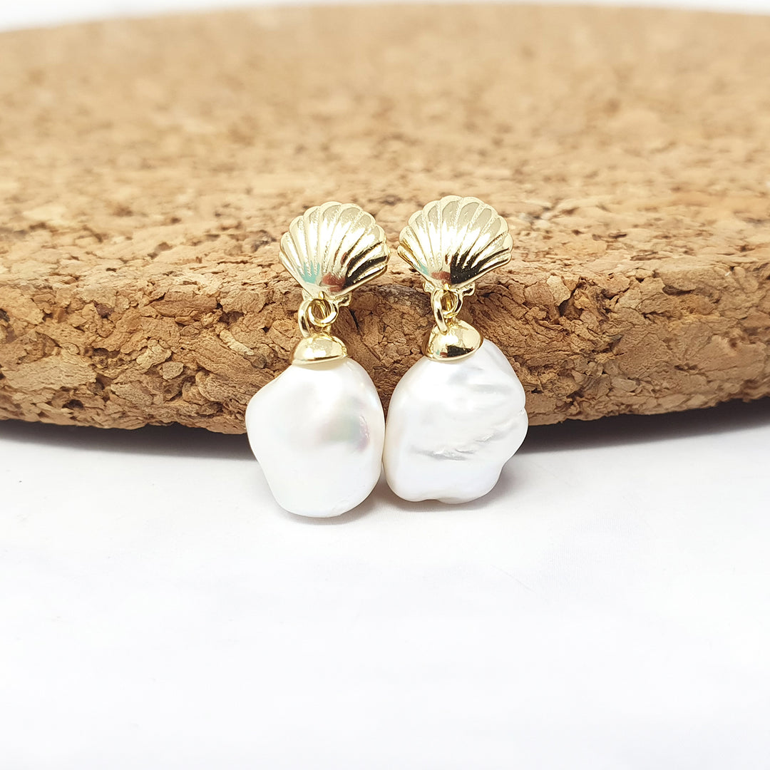 Gold Plated Shell Stud With Natural Keshi Pearl Drop Modern Earrings