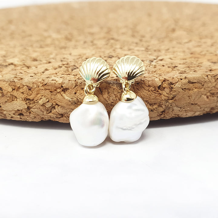 Gold Plated Shell Stud With Natural Keshi Pearl Drop Modern Earrings