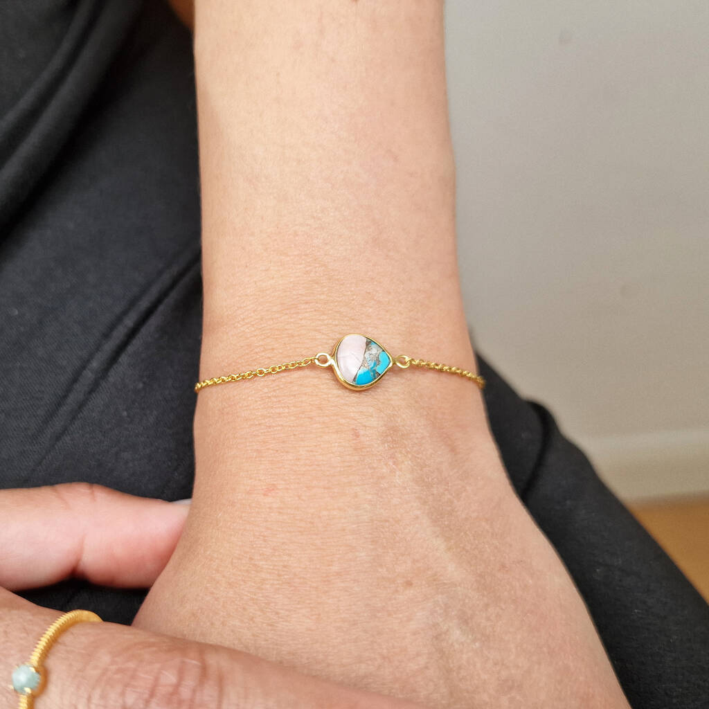18ct Gold Vermeil Pink Opal And Turquoise Adjustable Bracelet