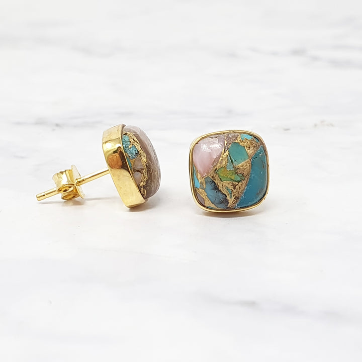 Gold Plated  Opal And Turquoise Gold Plated Gemstone Stud Earrings