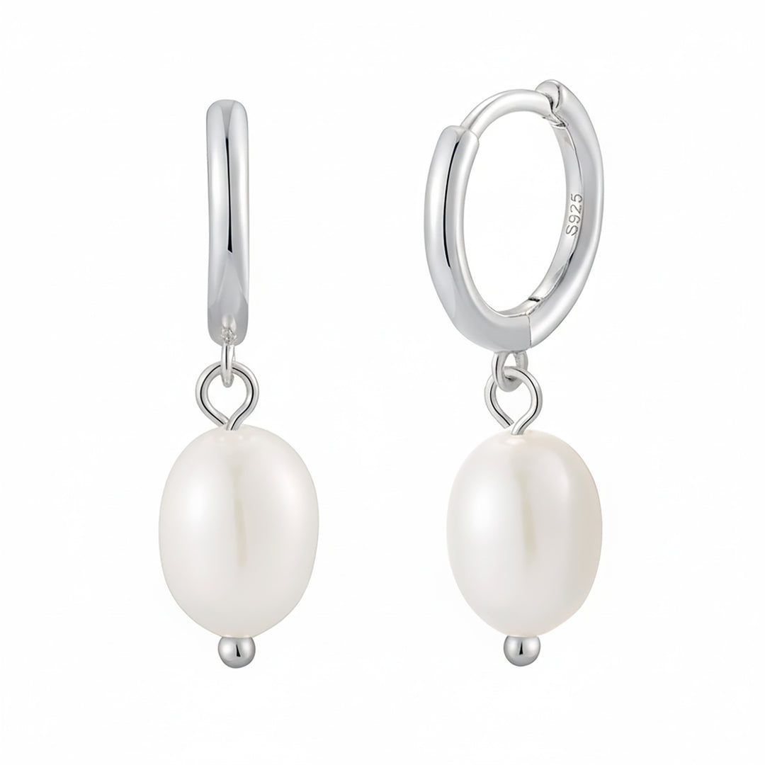 Minimalist Freshwater Pearl Silver Huggie Hoop Earrings