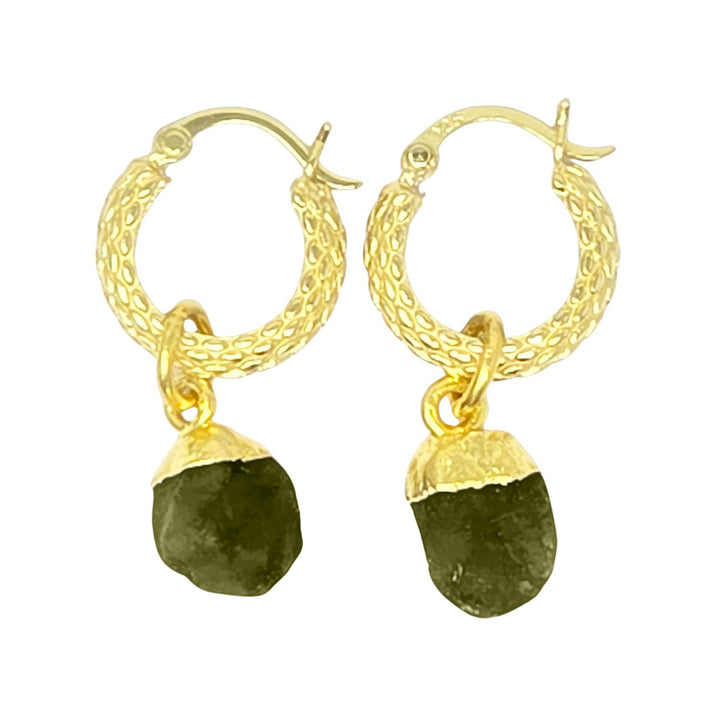 Raw Peridot August Birthstone Huggie Hoops Gold Vermeil Plated Gemstone Earrings