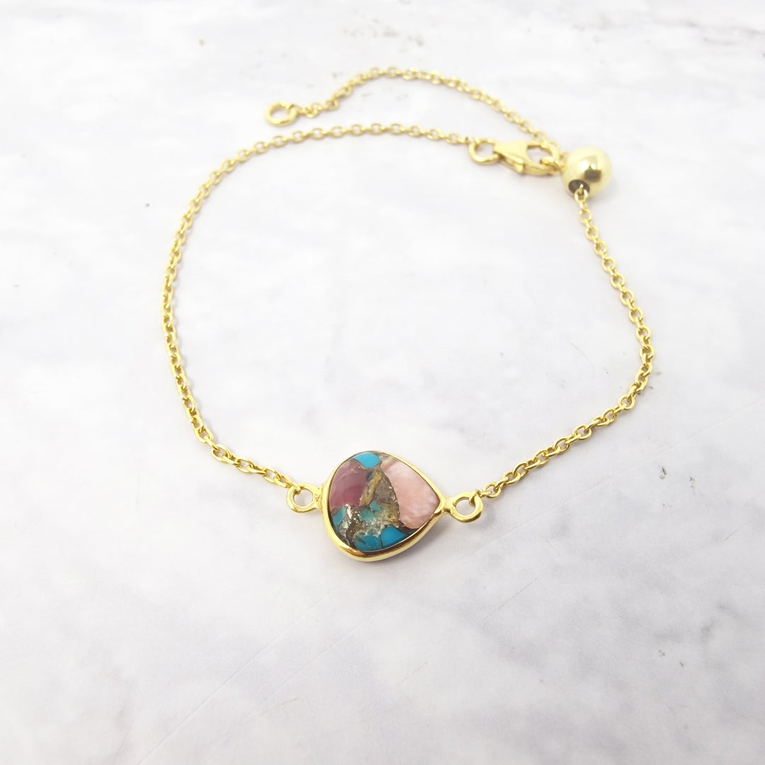 18ct Gold Vermeil Pink Opal And Turquoise Adjustable Bracelet