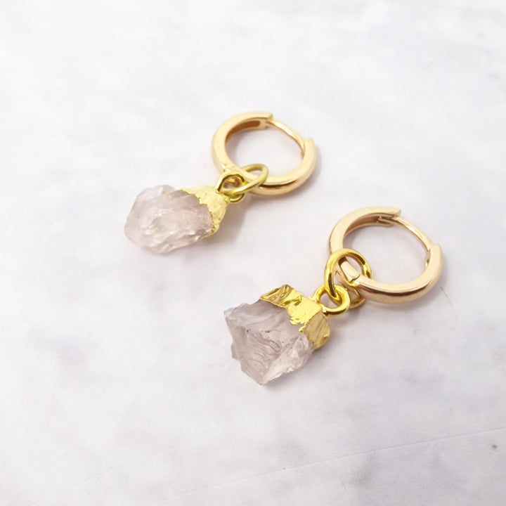 Raw Rose Quartz October Birthstone Gold Plated Huggies