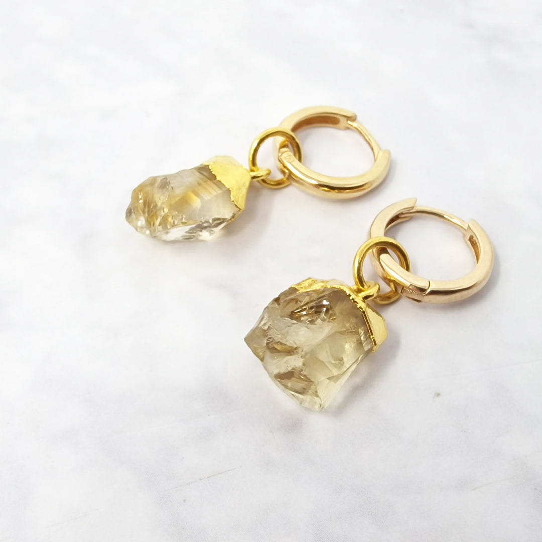 Raw Citrine November Birthstone Gold Plated Huggies