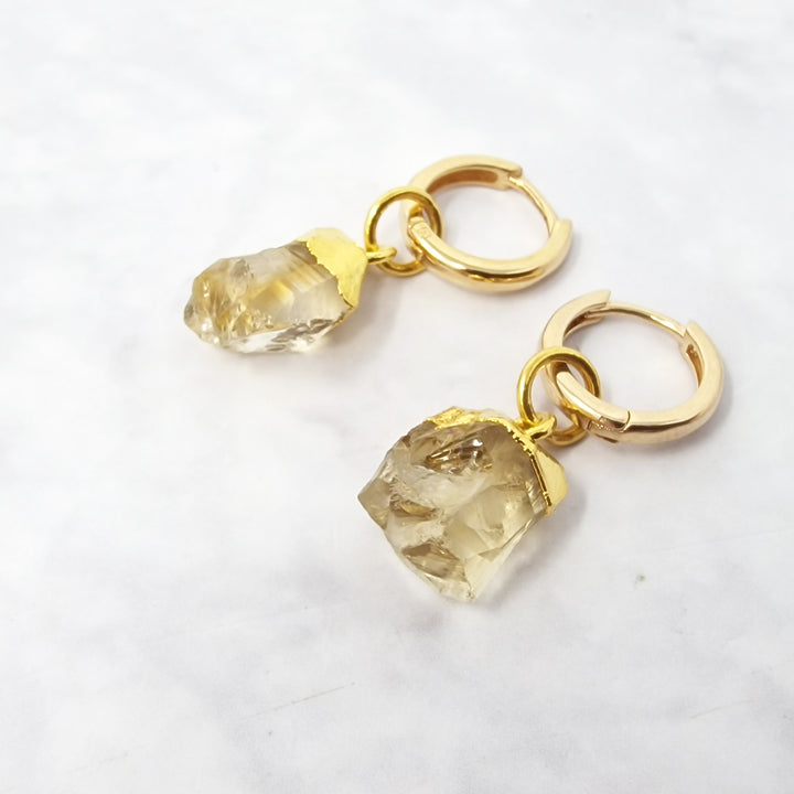 Raw Citrine November Birthstone Gold Plated Huggies